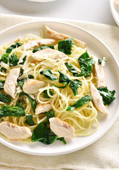 Spaghetti with spinach leaves, grilled chicken breast and cheese