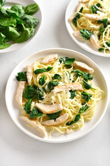 Spaghetti with spinach leaves, grilled chicken breast and cheese