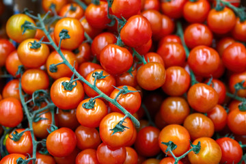 Vegetables are full of vitamins. Fresh and ripe tomatoes in a basket on a supermarket shelf