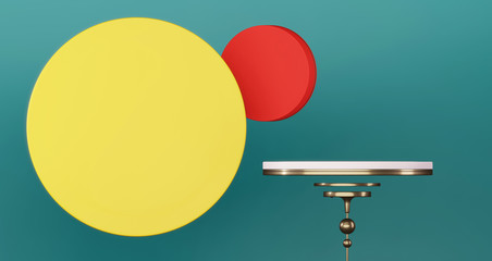 3D rendering of 2020 Chinese New Year. Empty podium for present product on colorful circle background, Golden pedestal, luxury minimalist mockup. Year of the rat