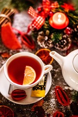hot tea with lemon on christmas 