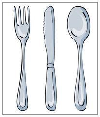 Vector kitchen cutlery. Fork, knife abd spoon.