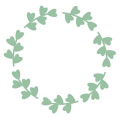Fototapeta premium Wreath. Summer flowers frame. Round hand drawn. Clip art wedding bouquet. Romantic wreath with space for your text. Floral frame hearts leaves. Modern green heart leaf. White green illustration.