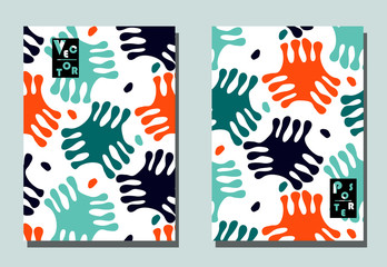 Fototapeta na wymiar Trendy cover with abstract graphic shapes - blots. Two modern vector flyers in avant-garde style. Geometric wallpaper for business brochure, cover design.