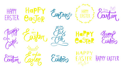Sketch Happy Easter day card collection. Colorful Big Set easter icon, frames. Elegant holiday sign logo isolated white background. Raster illustration in violet, green, yellow, purple colors. 