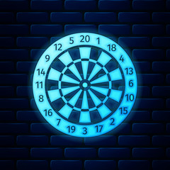 Glowing neon Classic darts board with twenty black and white sectors icon isolated on brick wall background. Dart board sign. Dartboard sign. Game concept. Vector Illustration