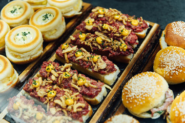 Luxurious selection of tapas. traditional small portion snacks in Spain. in San Miguel tapas bar