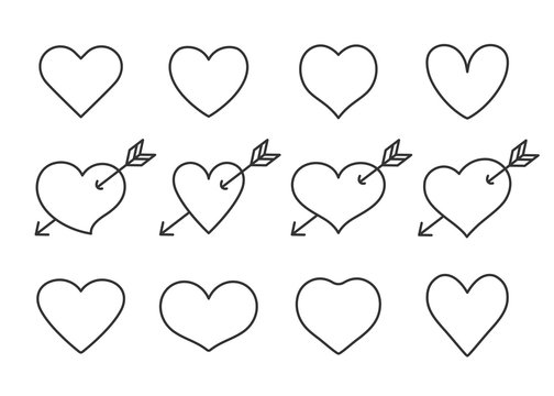 Set of thin line heart icons isolated on white background. Modern collection of linear hearts for web site, love logo and Valentine s day.