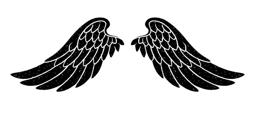 Hand drawn bird or angel grunge textured flapping wings. Hand drawn wings silhouette for t-shirt prints, tatoo design, vintage styled poster.