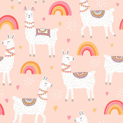 Lamas vector seamless pattern with rainbows on a peach color bacground. Cute cartooon personage llama. Perfect for nursery printable stuff.