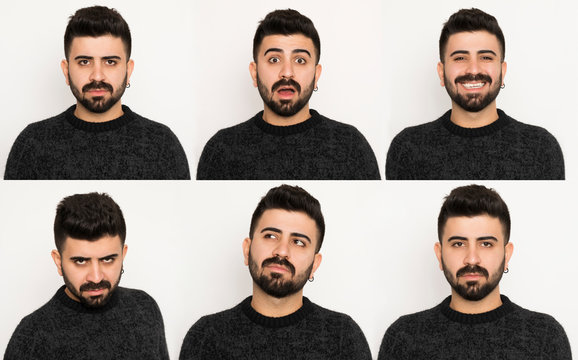 Set Of Facial Expressions Of Handsome Man Isolated On White Background