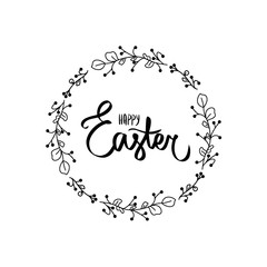 Obraz na płótnie Canvas Happy Easter hand lettering on white background. Holy Day sign black flower frame. Hand lettered wreath quote. Modern calligraphy Template for invitation. Holiday greeting card postcard. Coloring page