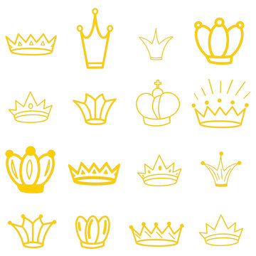 Yellow Crowns. Tiara. Diadem. Sketch crown. Hand drawn queen tiara, king hat. Royal imperial coronation symbols, monarch majestic jewel. Princess diadem. Handdrawn modern antique luxury jewerly