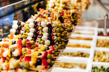 Luxurious selection of tapas. traditional small portion snacks in Spain. in San Miguel tapas bar