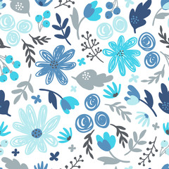 Fototapeta na wymiar Cute floral ditsy vector seamless pattern. Fabric design with simple flowers and leaves in blue colors. Trendy repeated pattern for fabric, wallpaper and wrap paper