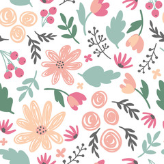 Fototapeta na wymiar Cute floral ditsy vector seamless pattern. Fabric design with simple flowers and leaves in gentel pink colors. Trendy repeated pattern for fabric, wallpaper and wrap paper