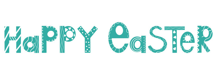 Happy Easter celebration festival flat banner. Scandinavian style greeting card. Fest Holy Sunday wishes. Spring holiday typography. Decorative lettering handdrawn green ornaments raster illustration