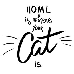 Home is where your cat is. Hand drawn saying with mustache. Funny sign card black. Text illustration poster banner backdrop. Quote white background. Template for t shirt design logo textile home decor