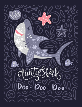 Shark animal vector family vintage card in a flat and doodle style with funny lettering text quote - Auntie Shark Doo Doo Doo. Perfect for clothes, mug and other gift for your aunt.