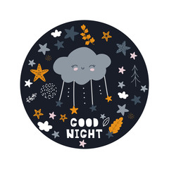 Good night vector print, cloud with stars nursery design, vector illustration