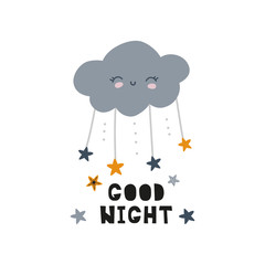 Good night vector print, cloud with stars nursery design, vector illustration