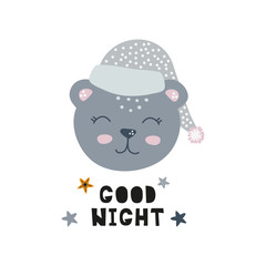 Cute sleepy bear, nursery design, vector illustration.