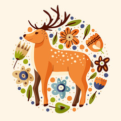 Ornate vector card with cute cartoon deer in a flat scandinavian style. Forest floral round postcard with fawn animal.