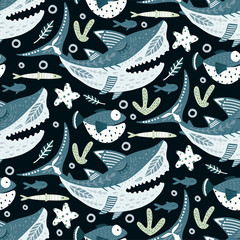 Seamless vector pattern with cute cartoon funny shark fish in a flat style. Vintage kid underwater fabric graphic illustration. Baby shark Doo Doo Doo.