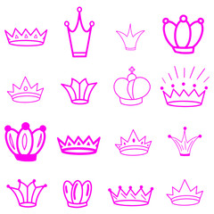 Crowns. Tiara. Diadem. Sketch crown. Hand drawn queen, king Royal imperial coronation symbols. Monarch majestic jewel. Princess diadem. Pink Hat. Antique luxury jewerly. Coloring page child, adult