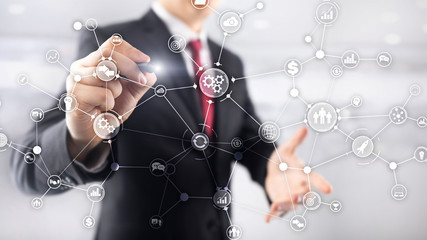 Business process structure industrial workflow diagram automation innovation concept on virtual screen mixed media.