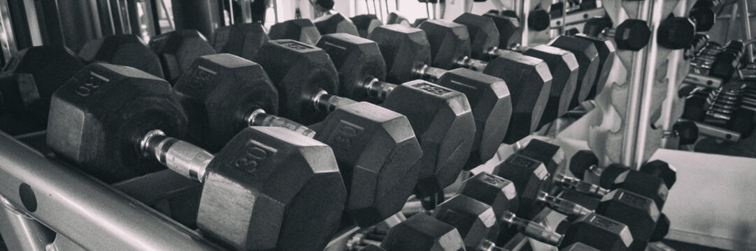 Fitness Gym Health Club Room Closeup Of Heavy Free Dumbbells Weights Banner Panorama Background.