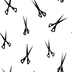 Scissors. Seamless pattern. Trendy apparel design. Fashion white background with black scissors. T-shirt print. Hand drawn design elements. Decorative repeatable textile.