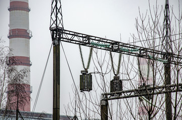 Cables and modular suspension insulators for overhead power line. Transmission tower. Metal...