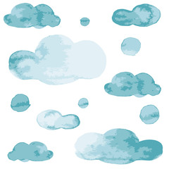 Painted blue ink winter sky clouds with snow watercolor style vector illustration set