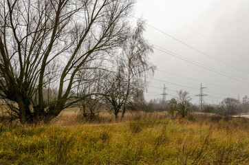 A transmission tower or electricity pylon. Steel lattice tower, used to support an overhead power line. The sky is covered with fog. Under the tower are trees and grass. Autumn landscape.