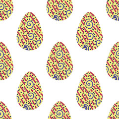Pattern with multi-colored abstract Easter eggs. Watercolor decorative drawing