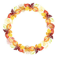 Wreath of autumn leaves on a white background.