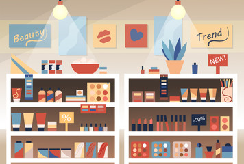 Cosmetics store interior with products on the shelves, shopping, beauty shop, cosmetic products, health and beauty. Flat style. Vector illustration