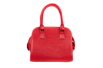 Red leather elegant women bag. Fashionable female handbag, isolated