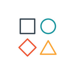 Template of simple linear geometrical logo with triangle, square circle and rhombus in different colors. Stock Vector illustration isolated on white background.