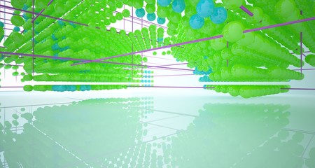 Abstract white interior from array colored spheres with window. 3D illustration and rendering.