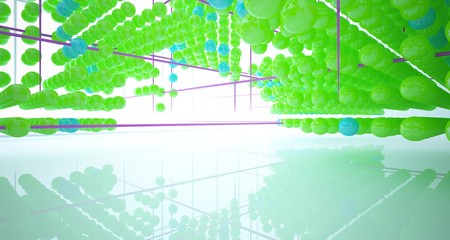 Abstract white interior from array colored spheres with window. 3D illustration and rendering.