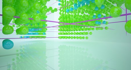 Abstract white interior from array colored spheres with window. 3D illustration and rendering.