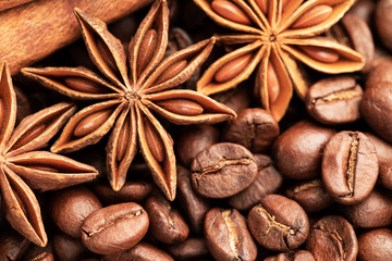 Cinnamon and star anise on the background of coffee beans