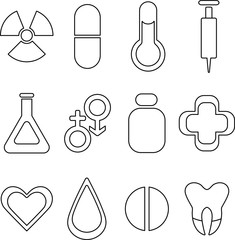Set of medical icons in black and white outline. Icons of medicine and healthcare. Medical icons in white and red on a gray background. Danger, pills, capsules, thermometer, heart, flask, jar, tooth, 