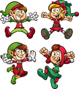 Christmas Elves jumping, set of four clip art . Vector illustration with simple gradients. Each on a separate layer.