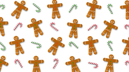 Background with gingerbread man and candy canes. Vector realistic illustration 
