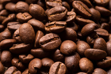 Coffee beans close-up, macro. Horizontal picture.