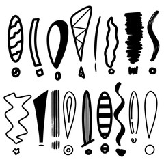 Exclamation mark. Grunge doodle sketch. Question marks icon Raster set. Collection drawn illustration on white background. Hand drawing black print design. Coloring page book for children, adult.