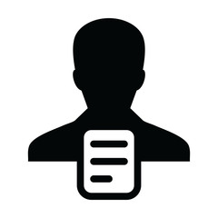 User icon vector male profile avatar with document symbol in a glyph pictogram illustration